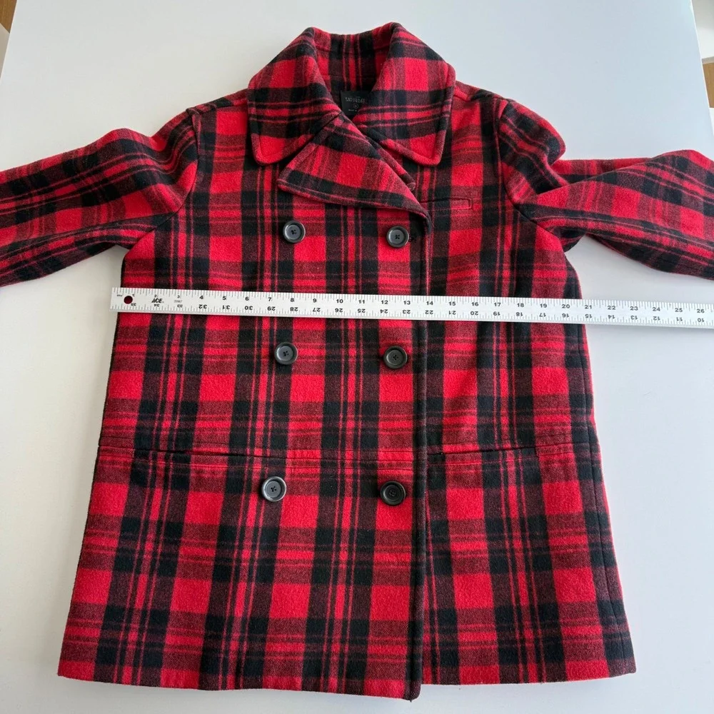 Kate Spade Saturday Wool Blend Scotch‎ Plaid Button Up Red Black Pea Coat wmn M